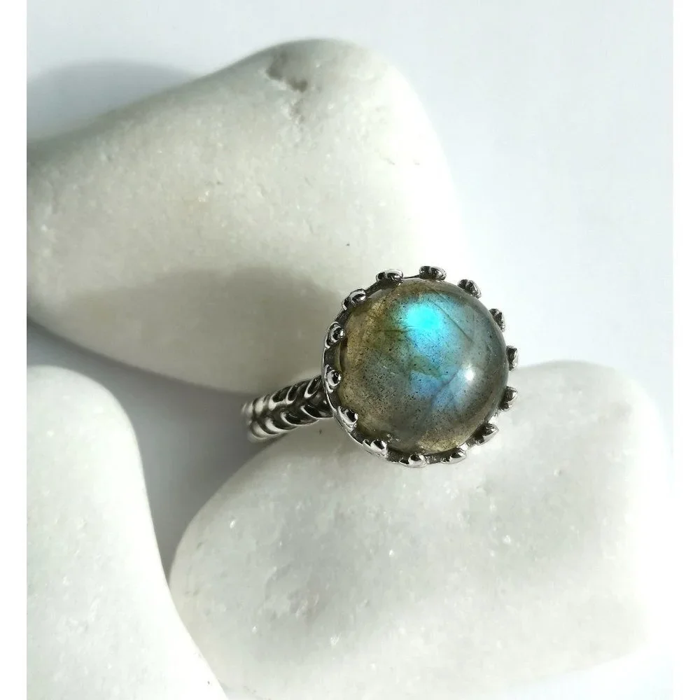 Cabochon Labradorite Ring in Sterling Silver Tudor Revival Design